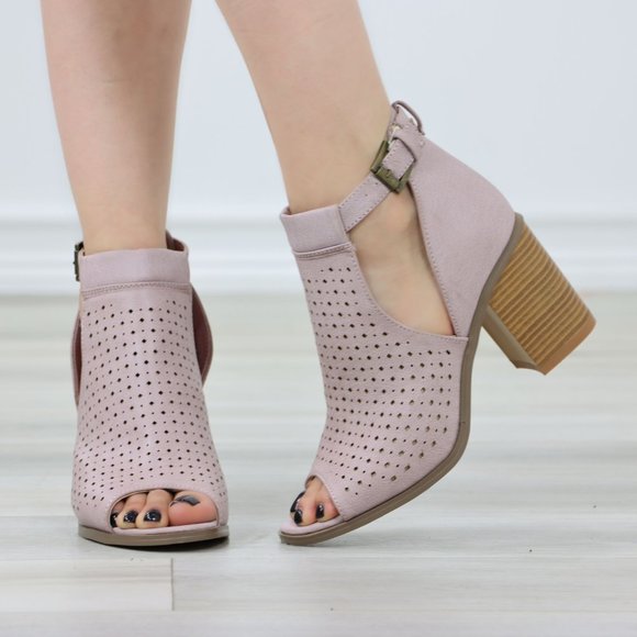 Peep Toe Mauve Faux Leather Heeled Ankle Booties - Picture 9 of 11